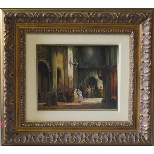 1374 - N. Leaf Carragal? 'Cathedral interior with wedding procession', oil on canvas, signed, undated, 20 x... 