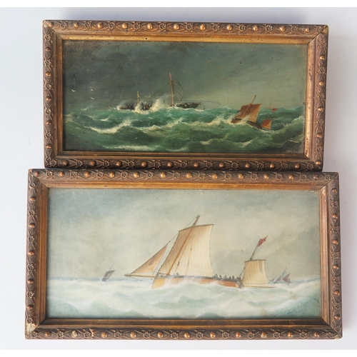 1390 - Late Victorian School, 'Shipping in a rough sea' oil on board, unsigned , 9 x 20cm together with a w... 