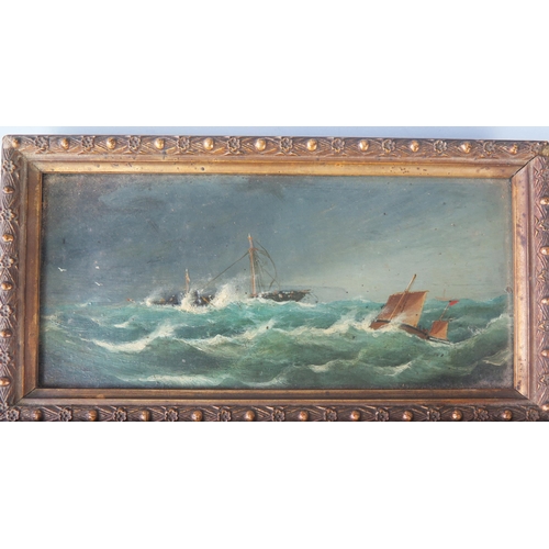 1390 - Late Victorian School, 'Shipping in a rough sea' oil on board, unsigned , 9 x 20cm together with a w... 