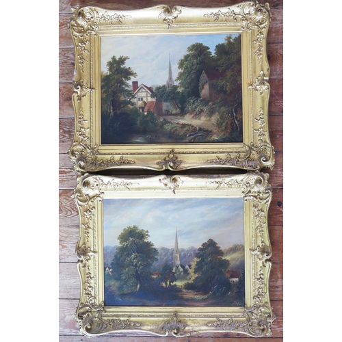 1391 - A Pair of unsigned C19th British School Oils on Canvas, Village and Church scenes, carved gilt jesso... 