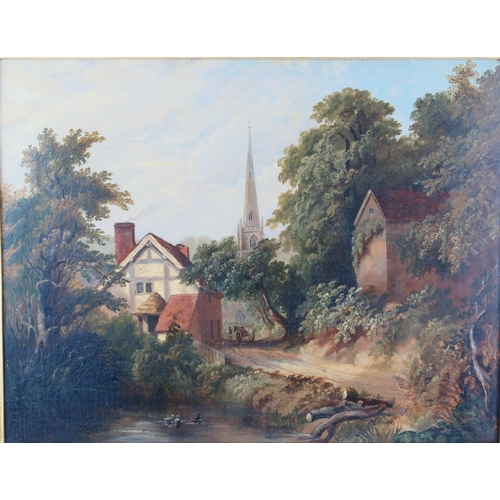 1391 - A Pair of unsigned C19th British School Oils on Canvas, Village and Church scenes, carved gilt jesso... 