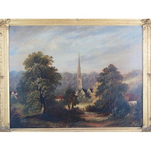 1391 - A Pair of unsigned C19th British School Oils on Canvas, Village and Church scenes, carved gilt jesso... 