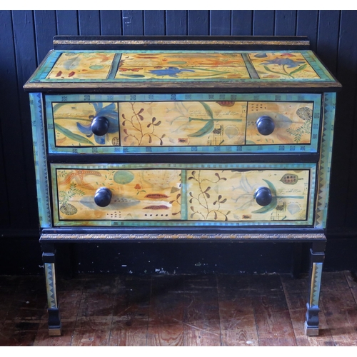 1413 - A decoupage decorated chest of two long drawers, raised on square legs, 86cm wide, 81cm high, 44cm d... 