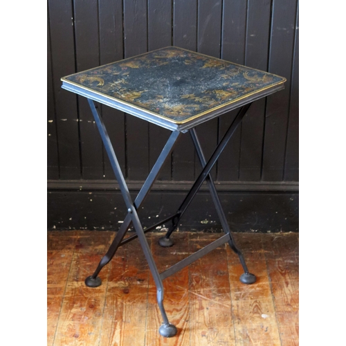 1418 - A metal folding occasional table decorated in the chinoiserie taste, 40cm wide.