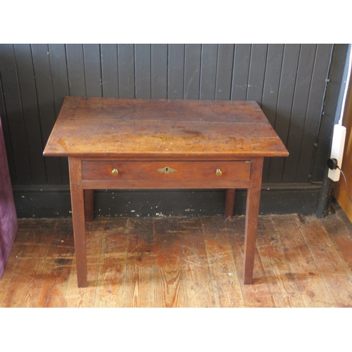 1419 - An 18th century oak side table, with rectangular top with single long frieze drawer, raised on squar... 