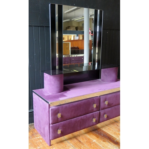 1432 - An Italian retro-style five-piece purple faux suede and chrome bedroom suite, includes fitted headbo... 