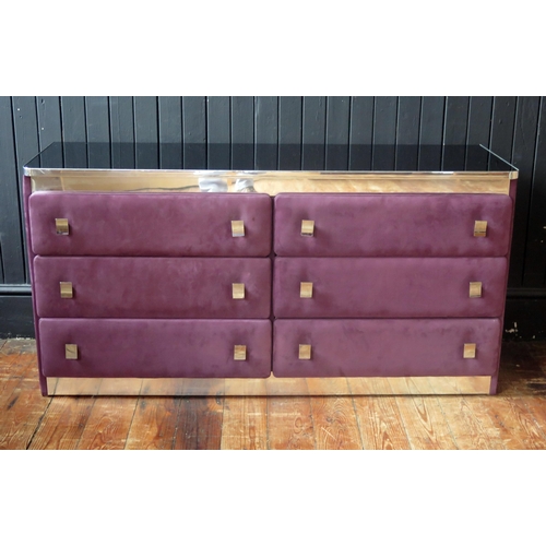 1432 - An Italian retro-style five-piece purple faux suede and chrome bedroom suite, includes fitted headbo... 