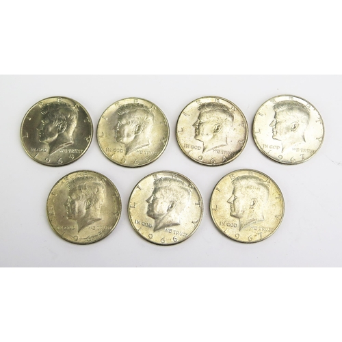 1452 - Seven U.S.A. Half Dollars, .400 silver _ 1964, 3x 1965, 2 x 1967 and 1969, 80.9g