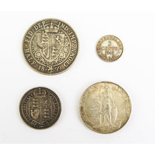 1453 - A Victoria Silver Half Crown 1899, Shilling 1887, Edward VII silver Florin 1903 and a George VI Newf... 