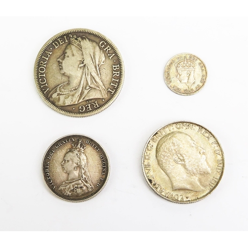 1453 - A Victoria Silver Half Crown 1899, Shilling 1887, Edward VII silver Florin 1903 and a George VI Newf... 