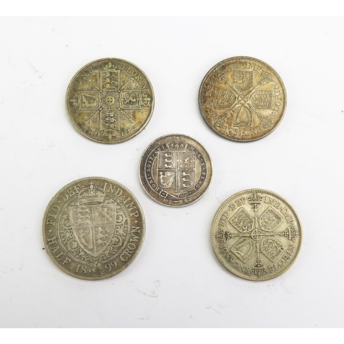 1455 - A Victorian Silver Half Crown 1899, Shilling 1887, and three George V Florins 1919, 1931 & 1933, 53.... 