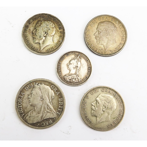 1455 - A Victorian Silver Half Crown 1899, Shilling 1887, and three George V Florins 1919, 1931 & 1933, 53.... 