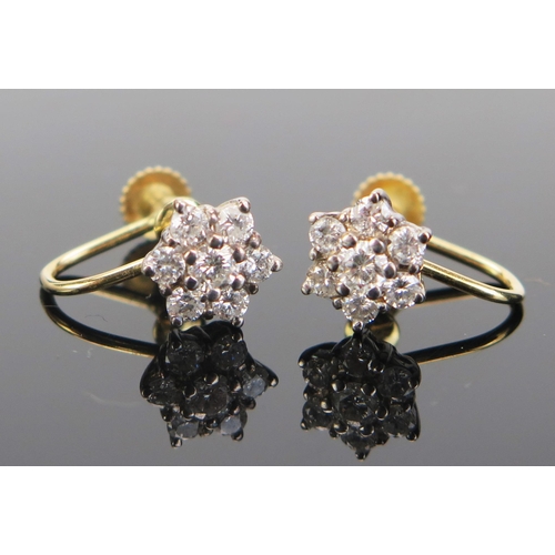 148 - A Pair of Diamond Seven Stone Cluster Earrings, unmarked precious yellow and white metal screw back ... 