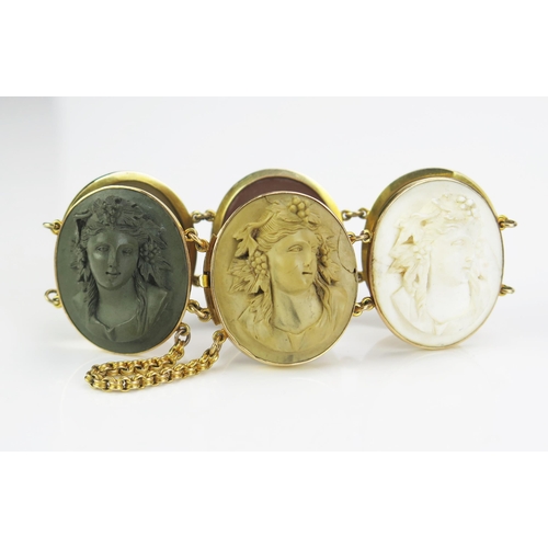 158 - A Large Antique Cameo Lava Bracelet in a precious yellow metal setting, the six 35x30mm high relief ... 