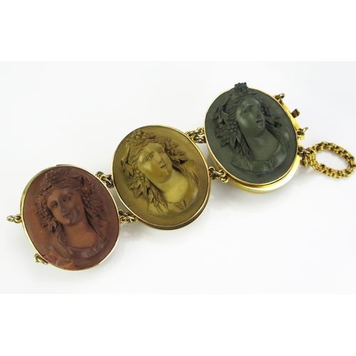 158 - A Large Antique Cameo Lava Bracelet in a precious yellow metal setting, the six 35x30mm high relief ... 