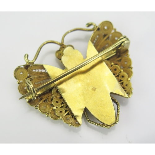 176 - An Unmarked Precious Yellow Metal Filigree Butterfly Brooch, 34mm diam., KEE tested as 18ct+, 9.09g