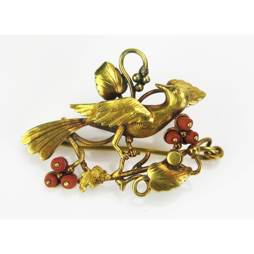 178 - An Antique Unmarked Precious Yellow Metal and Coral Bird Brooch, c. 40mm wide, KEE tested as 18ct+, ... 