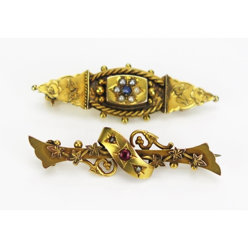 18 - A Victorian 9ct Gold, Sapphire and untested Seed Pearl Brooch (Birmingham 1897, 42mm, 23g) and one o... 