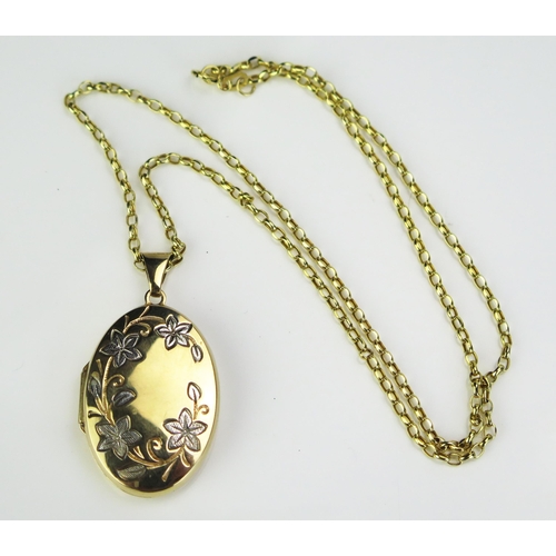 187 - A 9ct Gold Locket with two tone chased floral decoration, c. 40mm drop with continental marks, and o... 