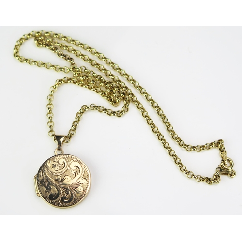 188 - A 9ct Gold Locket with chased foliate scroll decoration, 27mm drop and on a 9ct gold belcher chain, ... 