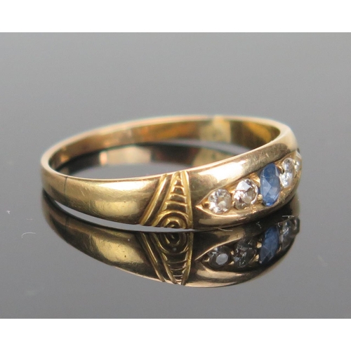 194 - An Antique 9ct Gold, Sapphire and Diamond Five Stone Ring, re-shanked (engraved 9C), c. 3.2mm centra... 