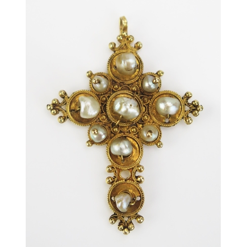 209 - An 18th or Early 19th Century Precious Yellow Metal and untested Pearl Cross Pedant (40mm drop, KEE ... 