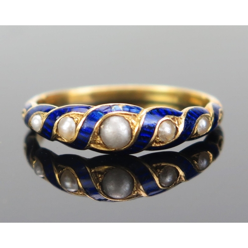 210 - A 19th Century untested Pearl and Blue Enamel Locket Back Ring in an unmarked precious yellow metal ... 