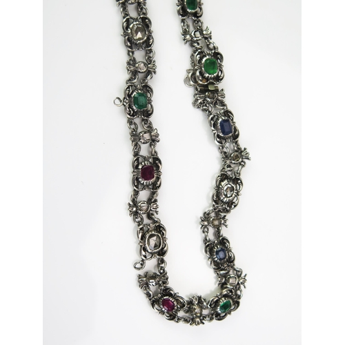 218 - An Antique Diamond, Emerald, Ruby and Sapphire Choker in a precious white metal setting with old ros... 