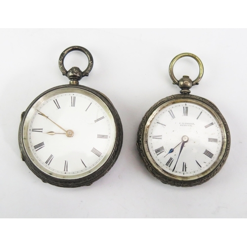 440E - Two Ladies Silver cased Fob Watches and a chain Both need attention