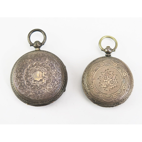 440E - Two Ladies Silver cased Fob Watches and a chain Both need attention