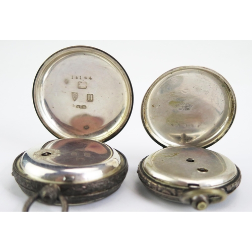 440E - Two Ladies Silver cased Fob Watches and a chain Both need attention