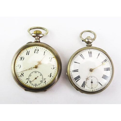 440F - Two Silver Cased Open Dial Fob Watches, keyless with a 50mm .800 case (running) and the other in nee... 