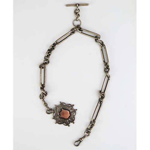 443 - A Silver Albert with T-bar and silver and gold fob, 15.5