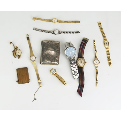 447 - Ladies and Gent's Wristwatches (some running) and a hallmarked silver cigarette case, 62.7g