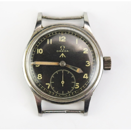 An OMEGA 'Dirty Dozen' WWII Military Wristwatch, the 35mm steel case stamped to the back W.W.W. Y12411 10676610 (dated to 1944), inner case back no. 10676610, 15 jewel manual wind movement no. 10223492