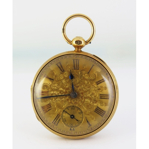 Caleb Elisha 18ct Gold Open Dial Key Wound Pocket Watch with engine turned decoration, the 43mm case with gold dial  having Roman numerals and subsidiary seconds dial, chain driven verge fusee movement no. 984, gilt full plate signed 'Elisha Duke Street, Piccadilly, London, London 1832, maker JD, 77.7g gross. Running.

Caleb Elisha was based in London between 1820-1851 and was the watchmaker to His Royal Highness, the Duke of York.
