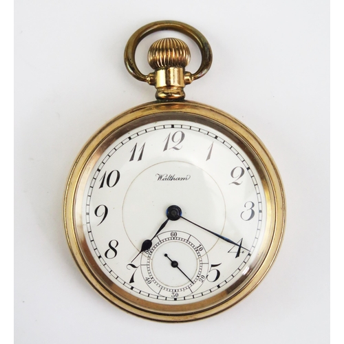 487 - A Waltham Open Dial Keyless Pocket Watch in a 51mm gold plated case, Bridge model 1899 23 jewel move... 