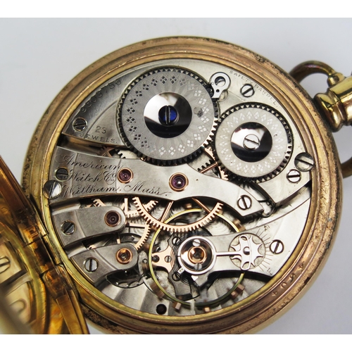 487 - A Waltham Open Dial Keyless Pocket Watch in a 51mm gold plated case, Bridge model 1899 23 jewel move... 