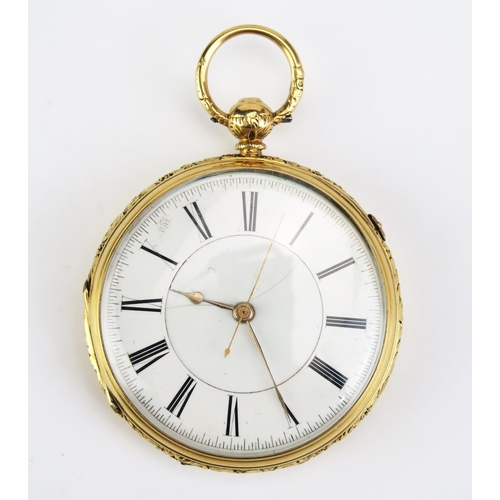 488 - A Victorian 18ct Gold Open Dial Key Wound Pocket Watch with center seconds and stopwatch function, 5...
