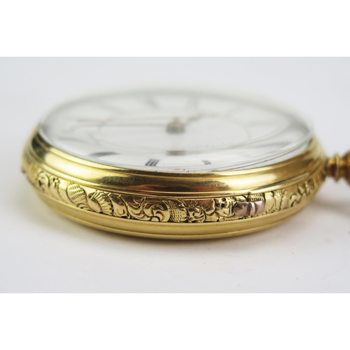 488 - A Victorian 18ct Gold Open Dial Key Wound Pocket Watch with center seconds and stopwatch function, 5... 