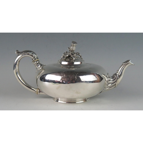 509 - A Victorian silver teapot, maker John Mortimer & John Samuel Hunt, London, 1840, crested, of squat g... 