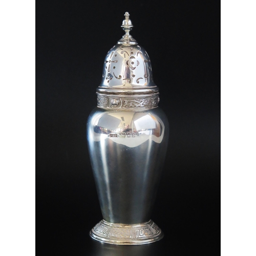 705 - A George V silver sugar caster, maker Ollivant & Botsford, London, 1930, of ovoid form with domed pu... 