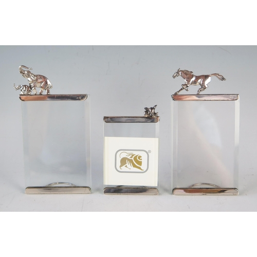 732 - Three Silver Mounted Photograph Frames with horse finial to one and elephants to the others, 3.5x3.2... 