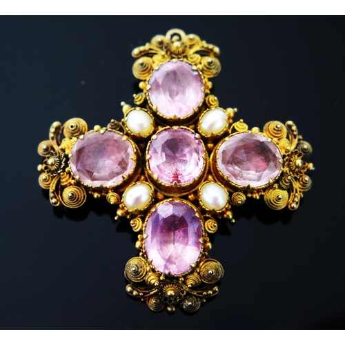 77 - A 19th Century Gilt Filigree Cruciform Brooch with suspension loop and set with foil backed pink pas... 