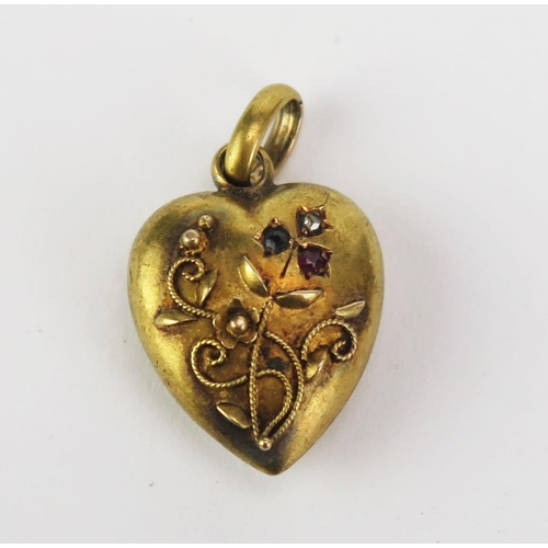 90 - An Antique 15ct Gold, Ruby, Sapphire and Diamond Heart Shaped Pendant, 22mm drop, rubbed Chester hal... 