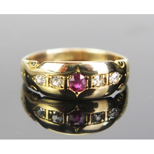 92 - A Victorian 18ct Gold, Ruby and Diamond and Old Cut Diamond Gypsy Ring, 3mm central stone, size M.25... 