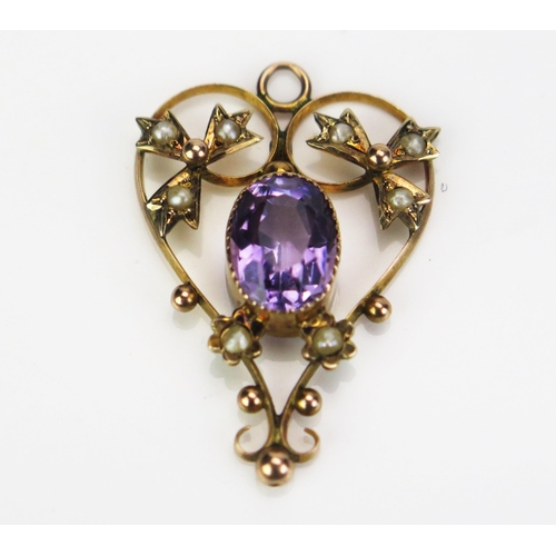 98 - A 9ct Gold, Amethyst and untested Seed Pearl Pendant, 30mm drop, 1.88g