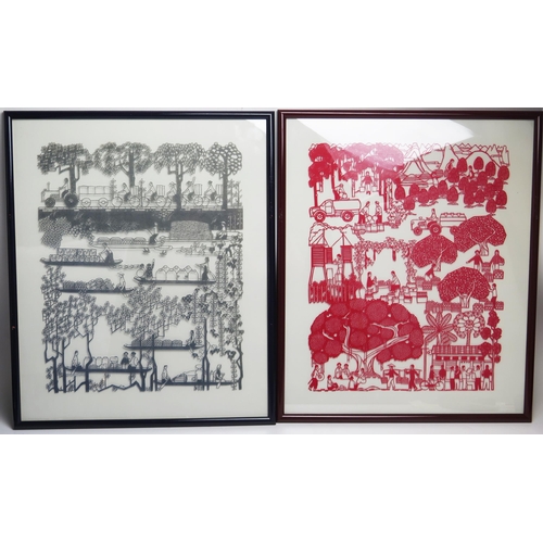 1077 - Two Foshan Folks Arts Studio at Foshan, Guangdong province Chinese cut paper pictures, one depicting... 