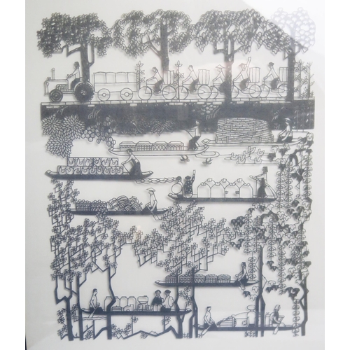 1077 - Two Foshan Folks Arts Studio at Foshan, Guangdong province Chinese cut paper pictures, one depicting... 