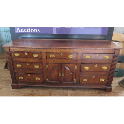 1444 - An Eighteenth Century Oak Low Dresser with crossbanded drawers, 191(w)x85(h)x55.5(d)cm